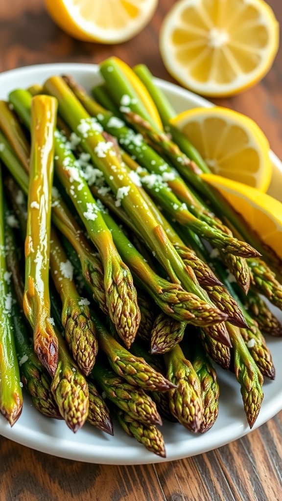 Roasted asparagus on a serving plate, garnished with parmesan and lemon wedges.